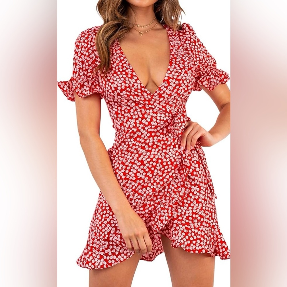 C+D+M Collection Red Floral wrap dress size M